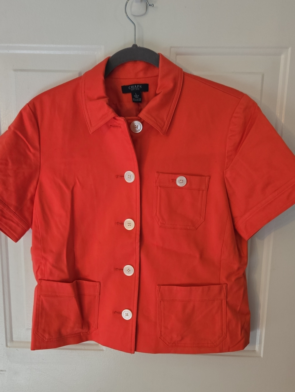 Chaps Women's Short-Sleeve Button Front Jacket in Bright Pink/Orange